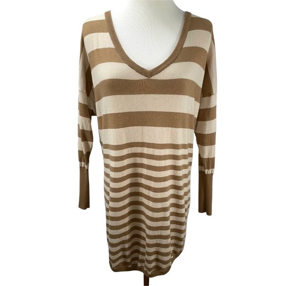 Joie Tan Striped Wool Cashmere Blend Long V-Neck Sweater Tunic Lightweight - Picture 1 of 11